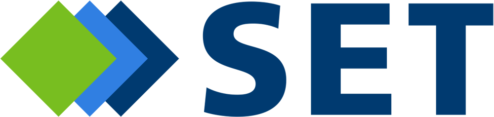 Logo von SET mit grünen und blauen geometrischen Formen und dem Schriftzug 'SET'.