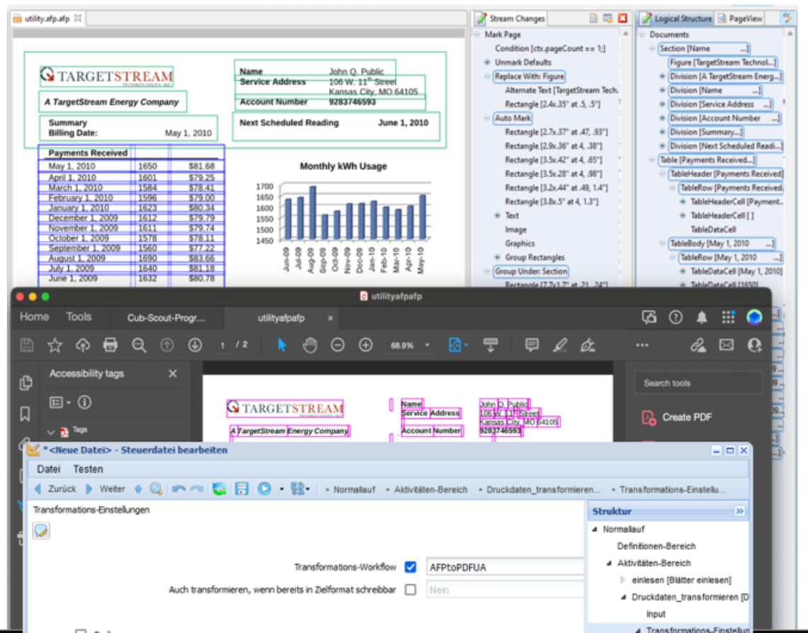 Screenshot von digitalen Dokumenten mit Barrierefreiheits- und Transformationsmanagement-Elementen.