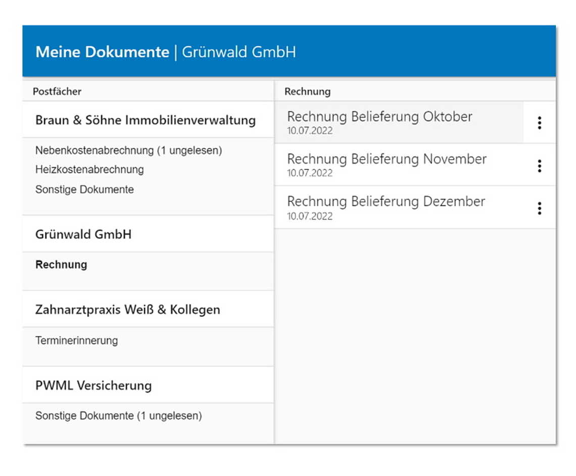 Übersicht von Dokumenten mit Rechnungen und Postfächern der Grünwald GmbH.