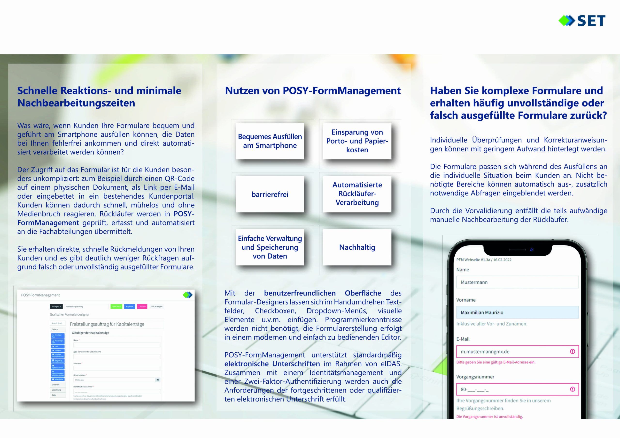 Produktflyer für POSY FormManagement mit verschiedenen Funktionen und Vorteilen auf einem Smartphone dargestellt.