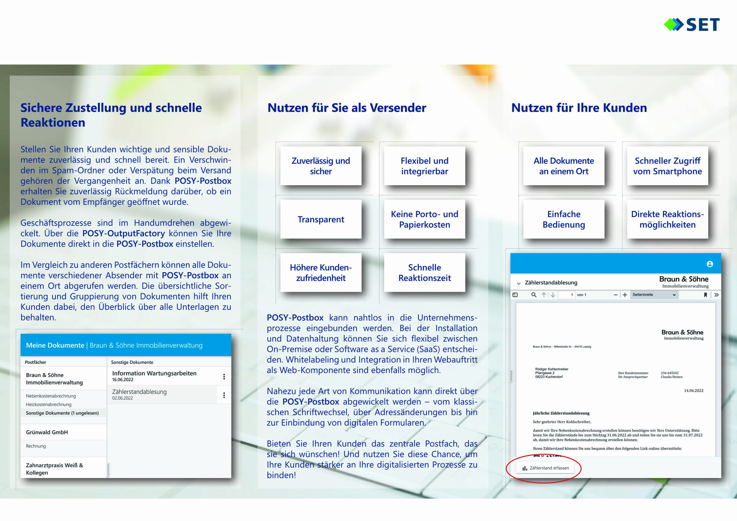 Produktflyer für die POSY-Postbox mit Informationen zur sicheren Zustellung und Reaktionen.