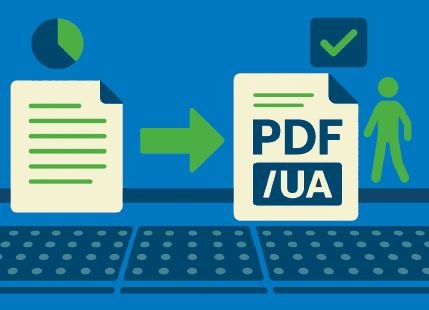 Grafik zeigt den Prozess der Umwandlung von Dokumenten in PDF/UA mit Symbolen für Text und eine Person.