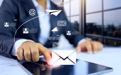 Business information concept with businessman sending e-mail to customers or affiliated to notification inform or announcement news and report project progression