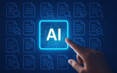 Human finger touching a glowing ai button surrounded by digital documents and data icons on a dark blue background