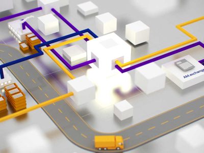 Grafik mit farbigen Linien, die verschiedene Lager und Transportwege in einem Logistiknetzwerk darstellen.