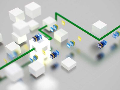 Grafische Darstellung eines Dokumentenworkflows mit weißen Würfeln und grünen Linien.