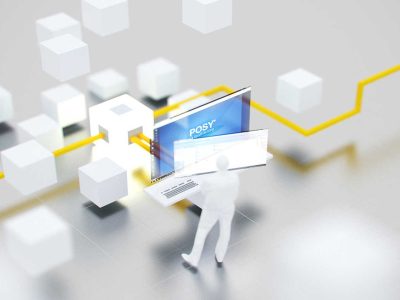 Grafische Darstellung eines POSY-Workflows mit einem Computer und interaktiven Elementen.