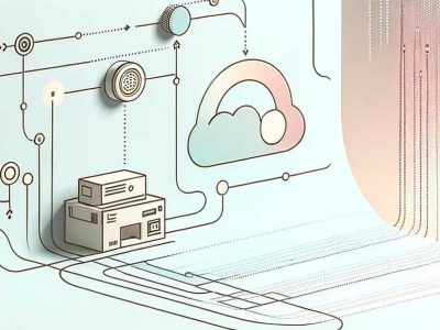 Grafik mit einem Cloud-Symbol und einem stilisierten Lagerhaus, das durch Linien verbunden ist.