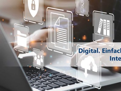Grafik mit Icons für digitale Sicherheit und Integration, dargestellt auf einem Laptop-Bildschirm.
