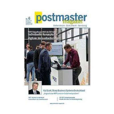 Cover des Postmaster Magazins mit einem Screenshot und Personen, die an einem Computer arbeiten.