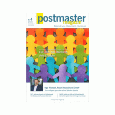 Cover des Postmaster Magazins mit bunten Figuren und einem Porträt eines Mannes.